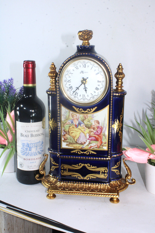 Vintage T limoges cobalt porcelain victorian scene table mantel clock