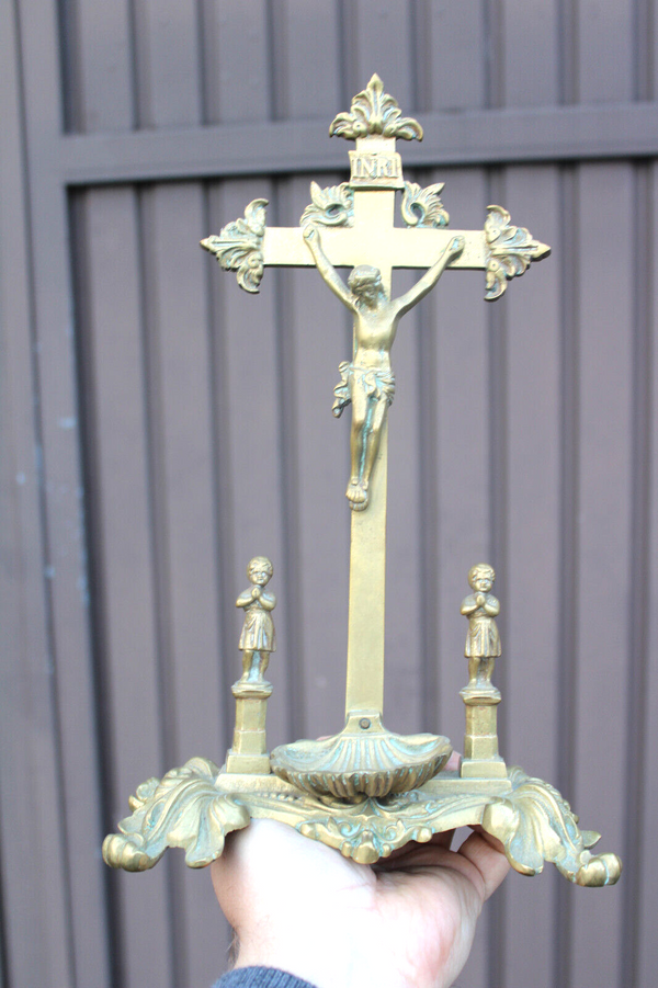 Antique french bronze Crucifix holy water font  statue