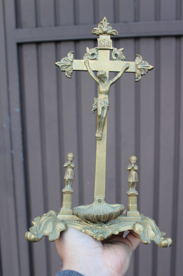 Antique french bronze Crucifix holy water font  statue