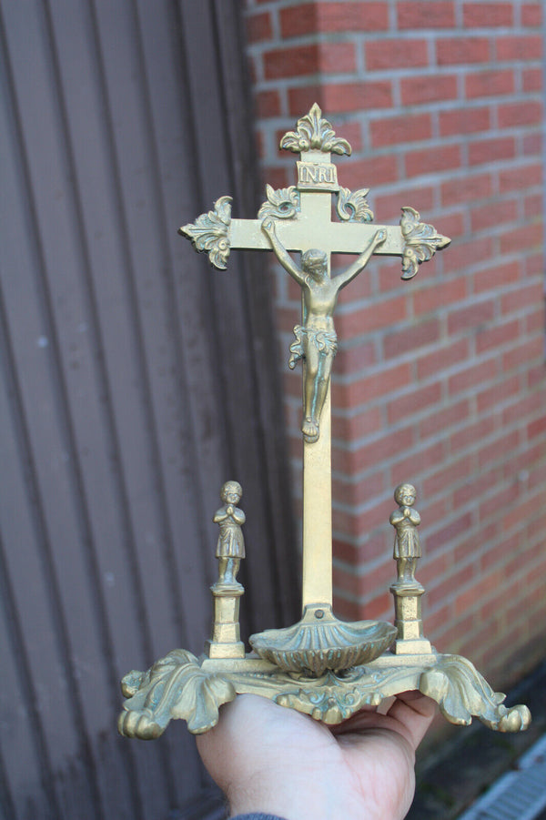 Antique french bronze Crucifix holy water font  statue