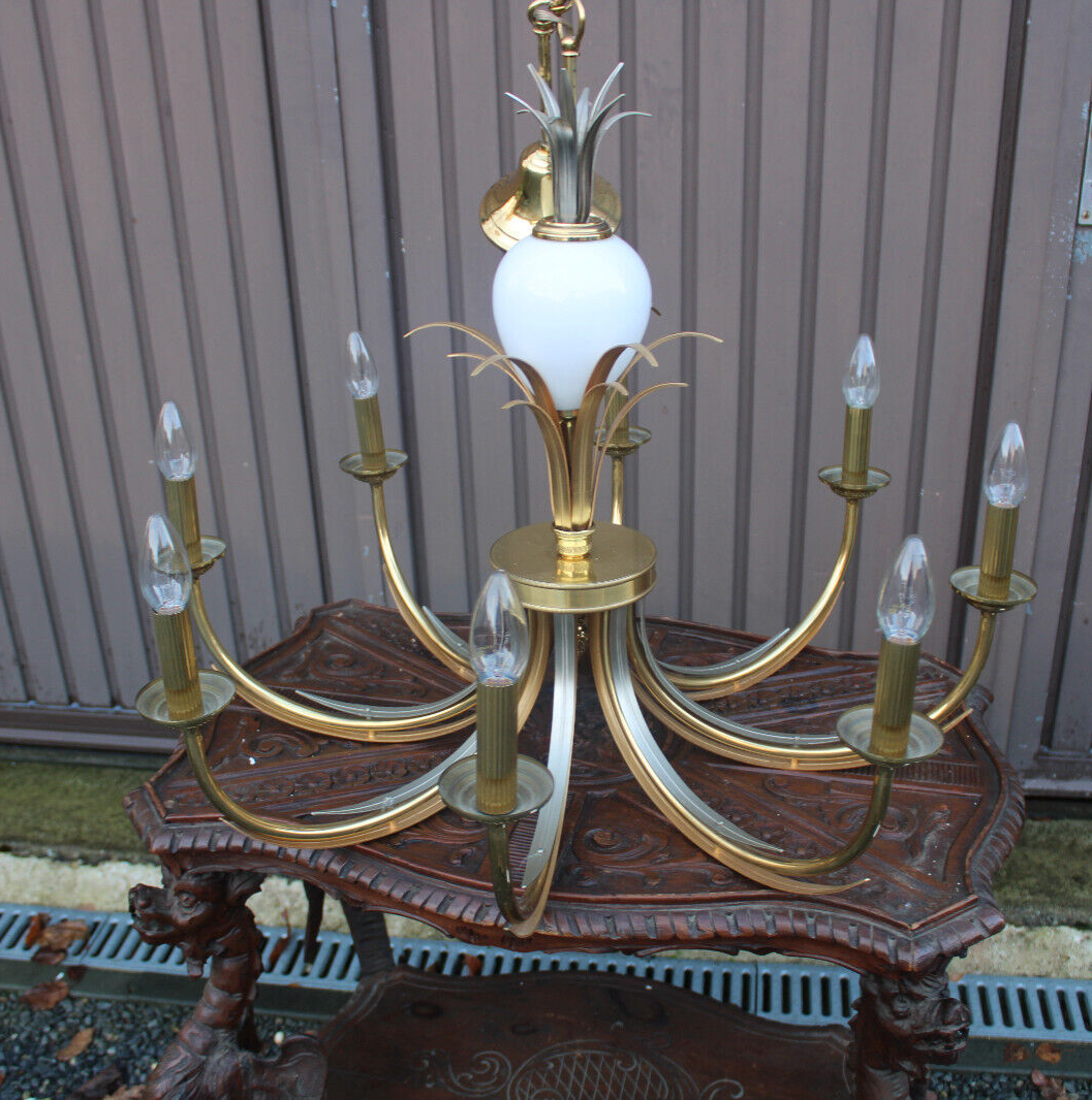 Hollywood regency 1970 brass opaline pineapple chandelier attr maison