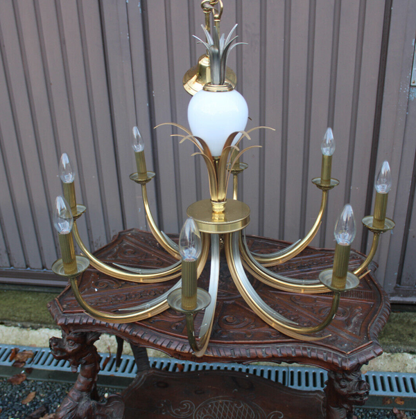 Hollywood regency 1970 brass opaline pineapple chandelier attr maison jansen