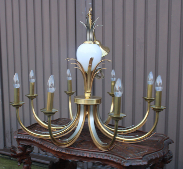 Hollywood regency 1970 brass opaline pineapple chandelier attr maison jansen