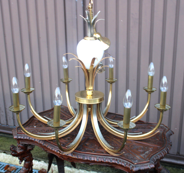 Hollywood regency 1970 brass opaline pineapple chandelier attr maison jansen