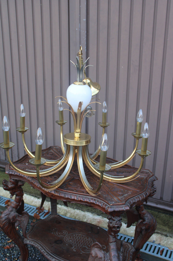 Hollywood regency 1970 brass opaline pineapple chandelier attr maison jansen