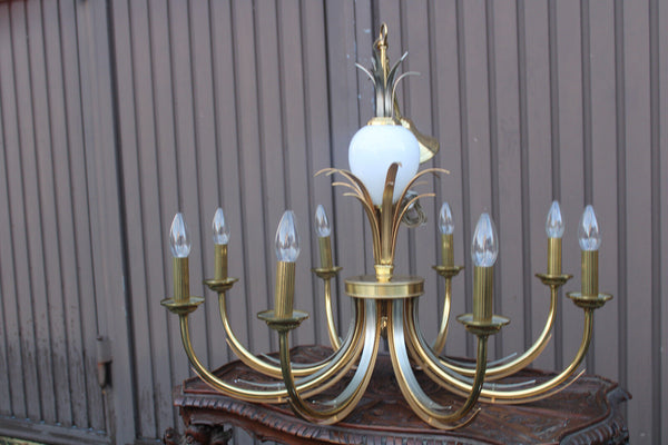 Hollywood regency 1970 brass opaline pineapple chandelier attr maison jansen