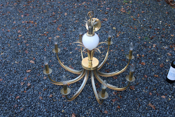 Hollywood regency 1970 brass opaline pineapple chandelier attr maison jansen