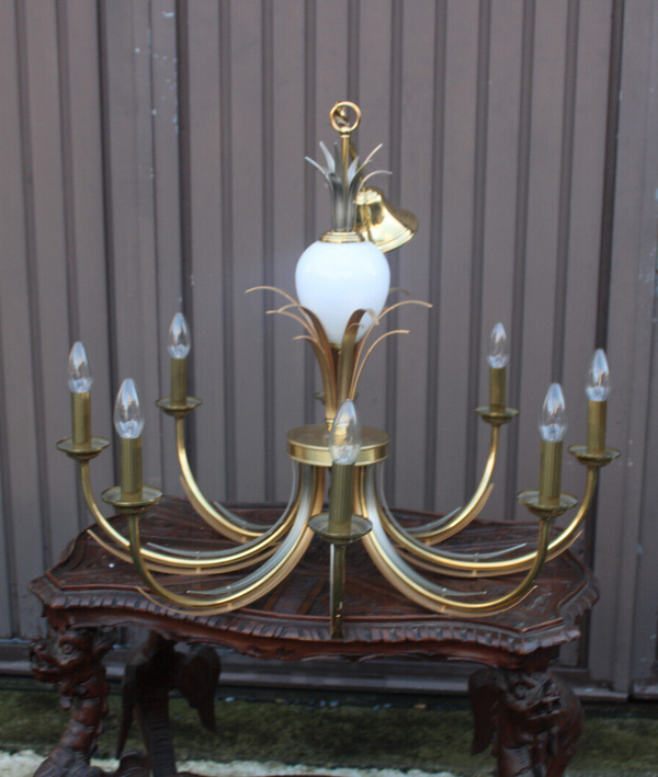 Hollywood regency 1970 brass opaline pineapple chandelier attr maison jansen