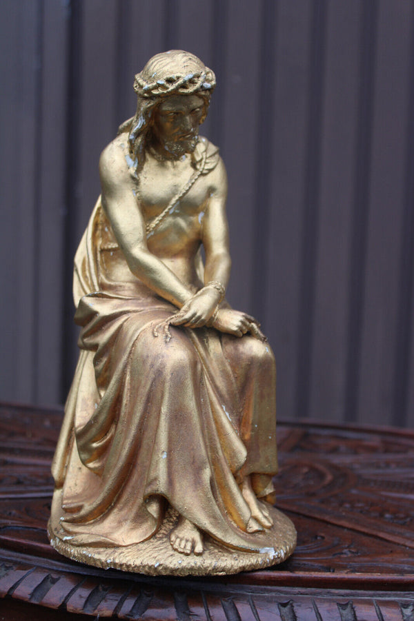 Antique religious chalk gold gilt Jesus tied figurine statue