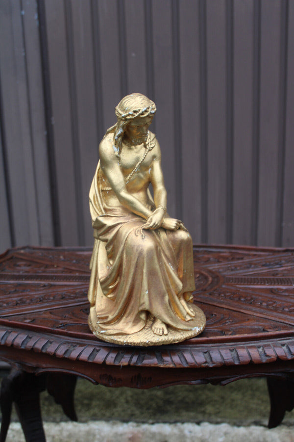 Antique religious chalk gold gilt Jesus tied figurine statue