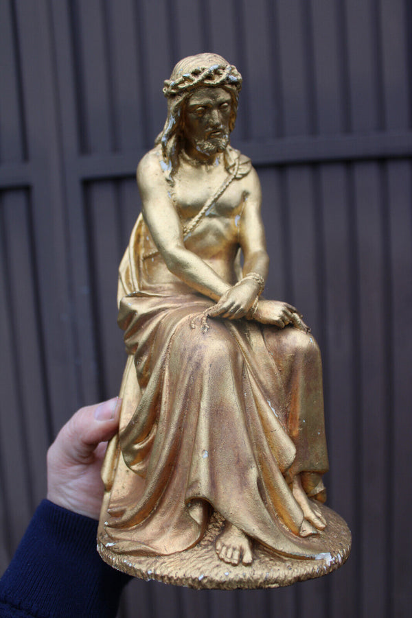 Antique religious chalk gold gilt Jesus tied figurine statue