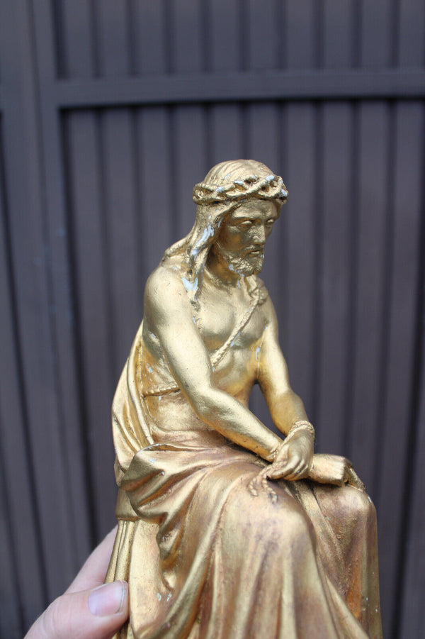 Antique religious chalk gold gilt Jesus tied figurine statue