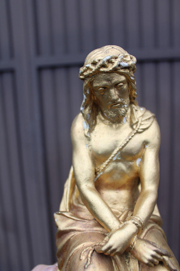 Antique religious chalk gold gilt Jesus tied figurine statue