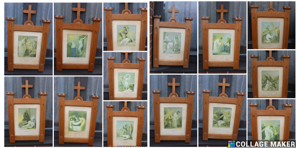 Antique church wood carved crucifix frame litho 14 stations of the cross panels