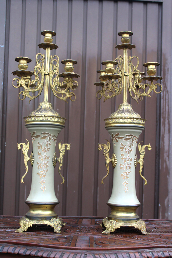 PAIR Metal faience XL candelabras candle holders dragons art nouveau decor