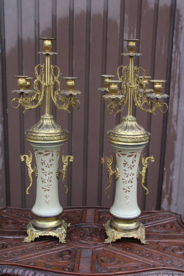 PAIR Metal faience XL candelabras candle holders dragons art nouveau decor