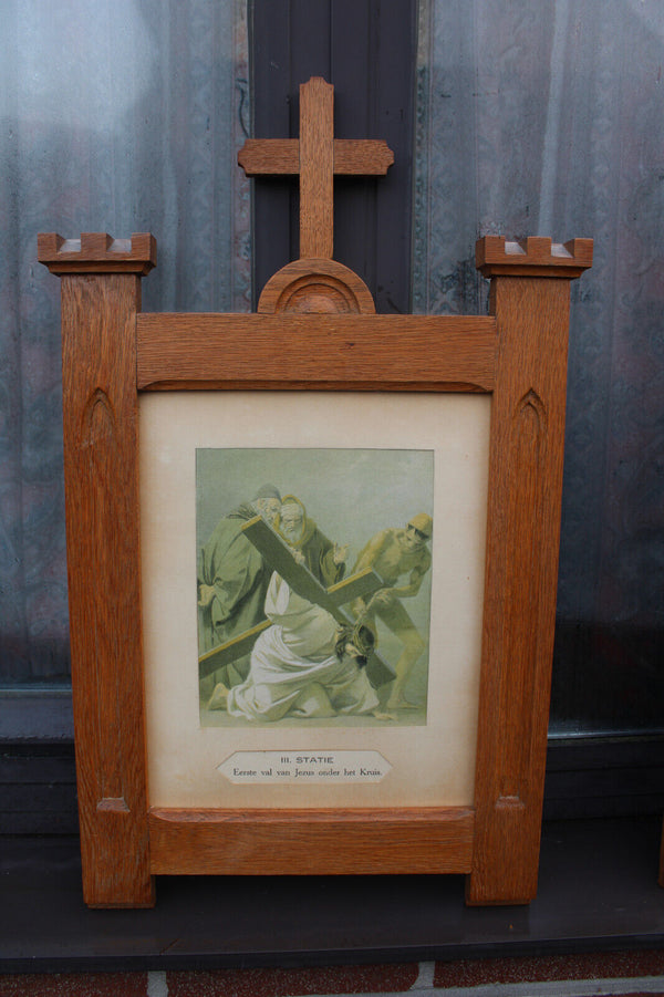 Antique church wood carved crucifix frame litho 14 stations of the cross panels