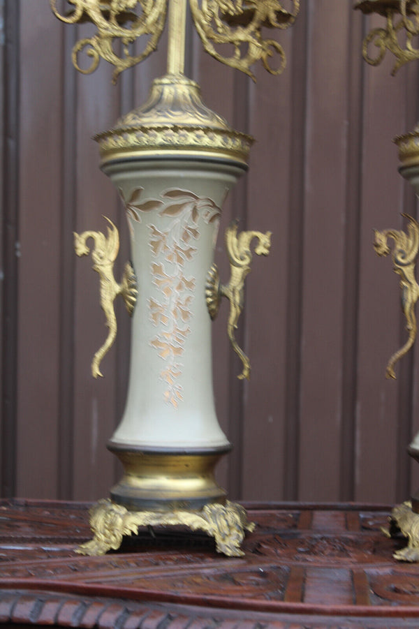 PAIR Metal faience XL candelabras candle holders dragons art nouveau decor