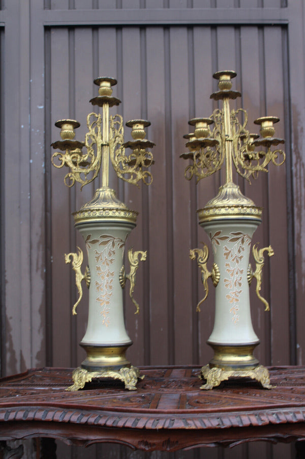 PAIR Metal faience XL candelabras candle holders dragons art nouveau decor