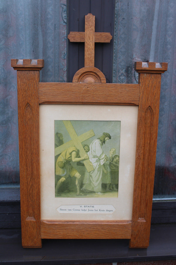 Antique church wood carved crucifix frame litho 14 stations of the cross panels