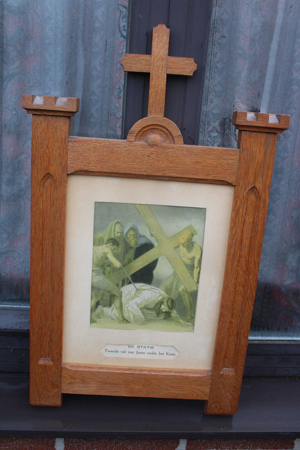 Antique church wood carved crucifix frame litho 14 stations of the cross panels