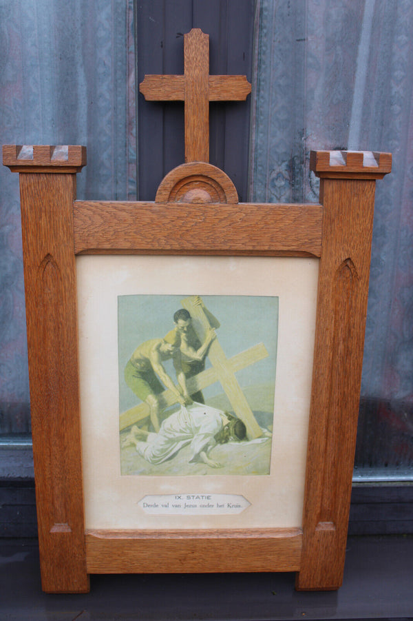 Antique church wood carved crucifix frame litho 14 stations of the cross panels