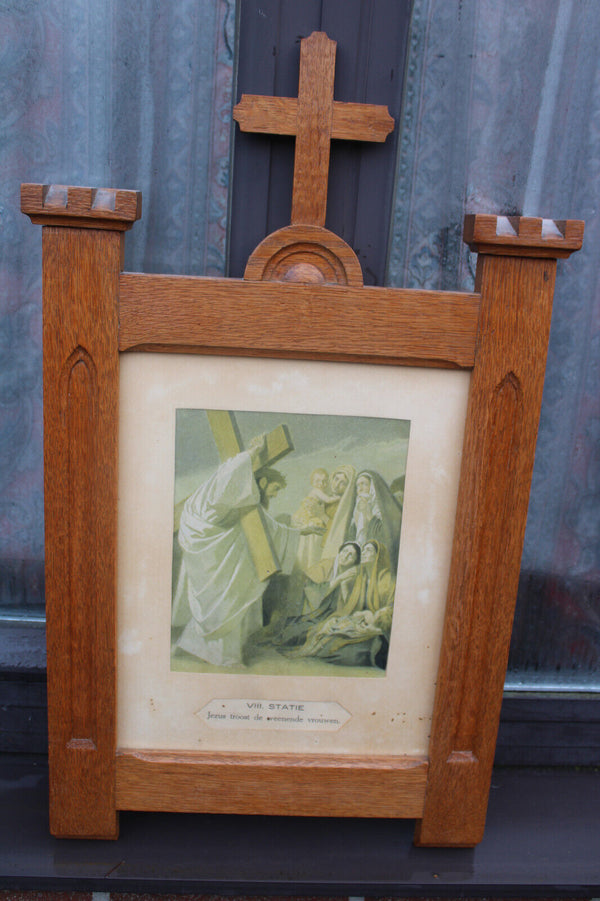 Antique church wood carved crucifix frame litho 14 stations of the cross panels