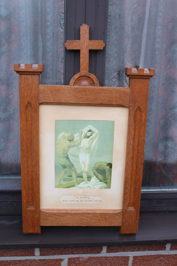 Antique church wood carved crucifix frame litho 14 stations of the cross panels