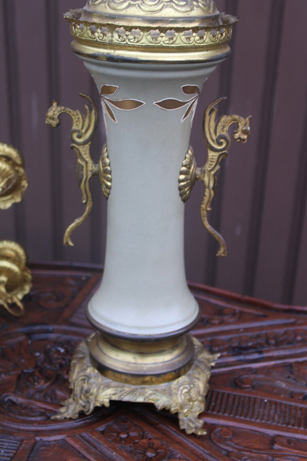 PAIR Metal faience XL candelabras candle holders dragons art nouveau decor