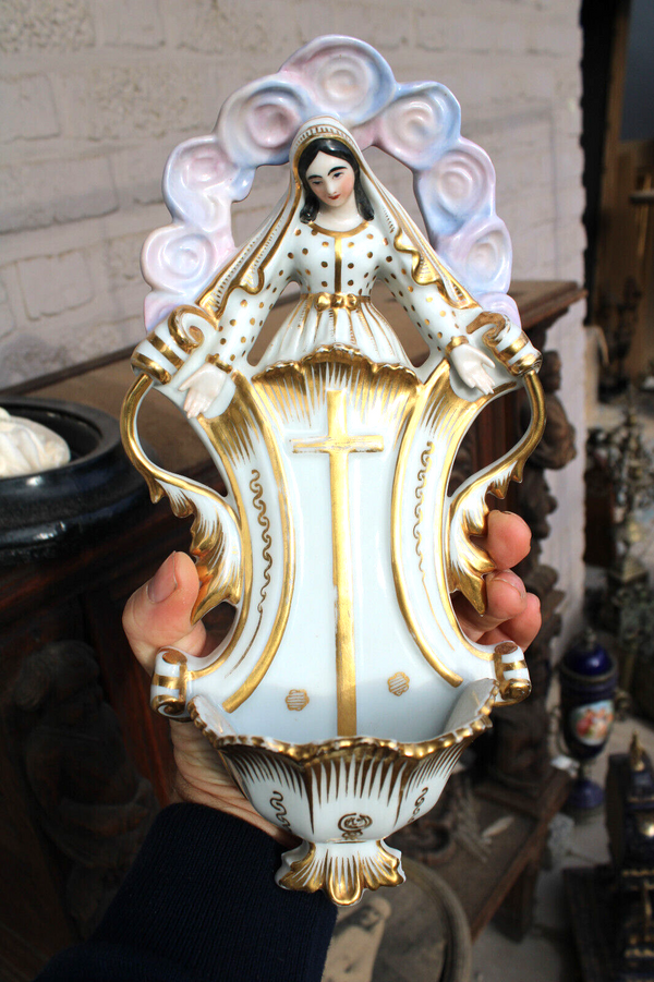 Antique vieux paris porcelain large madonna holy water font religious