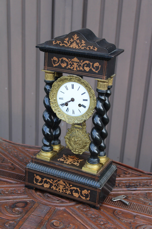 Antique napoleon III clock Columns wood inlay decor