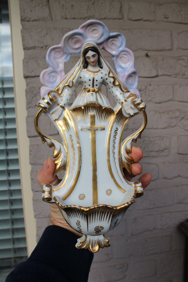 Antique vieux paris porcelain large madonna holy water font religious