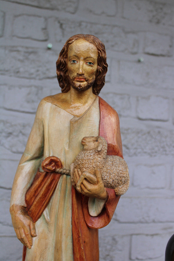 South German Wood carved Jesus statue sculpture with lamb 1950s