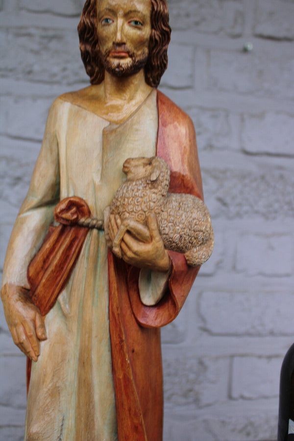 South German Wood carved Jesus statue sculpture with lamb 1950s