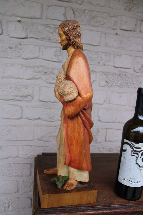 South German Wood carved Jesus statue sculpture with lamb 1950s