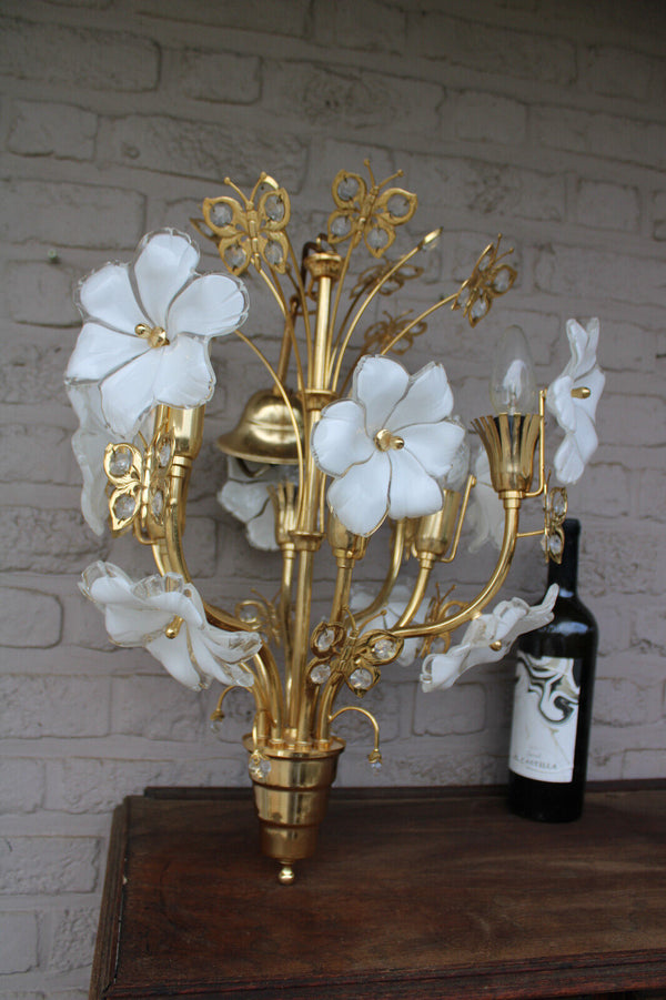 Rare Italian Brass and Murano Glass Flower Butterfly Chandelier