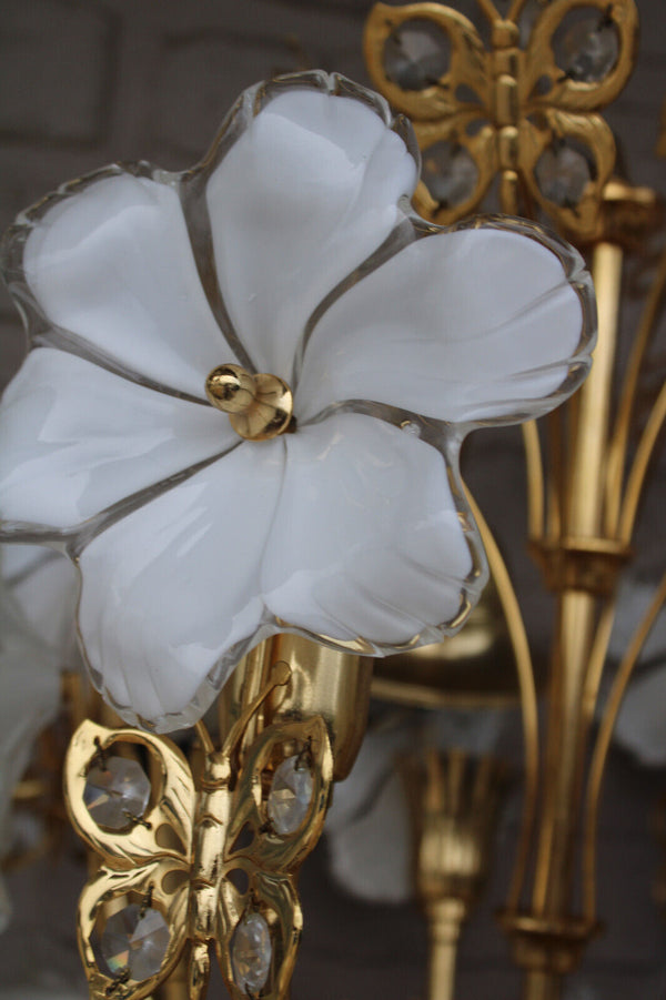 Rare Italian Brass and Murano Glass Flower Butterfly Chandelier