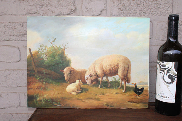 Antique flemish school oil canvas painting maroufle panel Sheep chicken scene