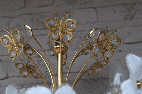 Rare Italian Brass and Murano Glass Flower Butterfly Chandelier