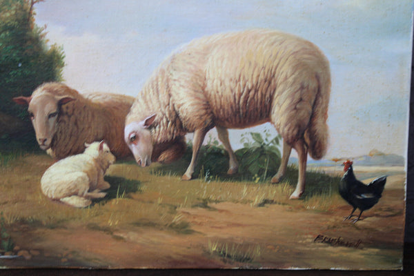 Antique flemish school oil canvas painting maroufle panel Sheep chicken scene