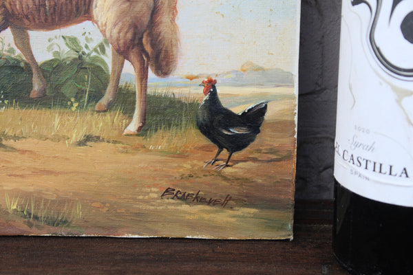 Antique flemish school oil canvas painting maroufle panel Sheep chicken scene