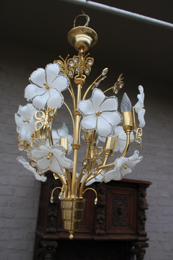 Rare Italian Brass and Murano Glass Flower Butterfly Chandelier