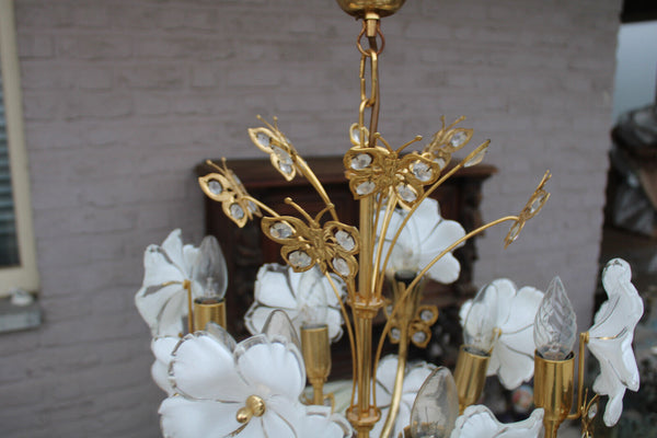 Rare Italian Brass and Murano Glass Flower Butterfly Chandelier