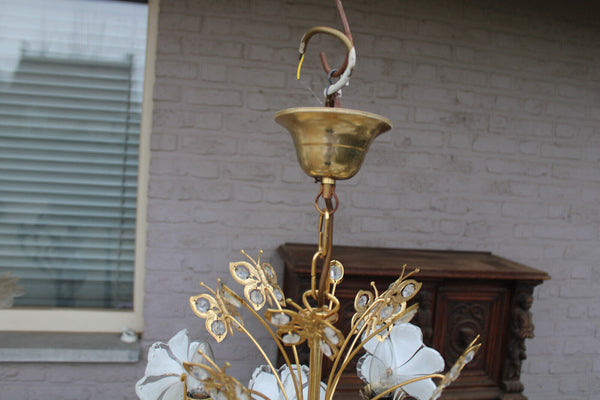 Rare Italian Brass and Murano Glass Flower Butterfly Chandelier