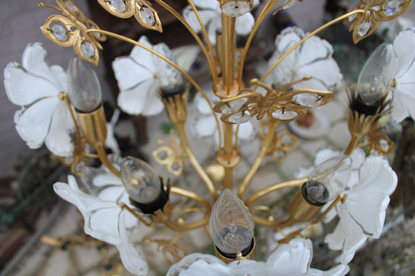 Rare Italian Brass and Murano Glass Flower Butterfly Chandelier