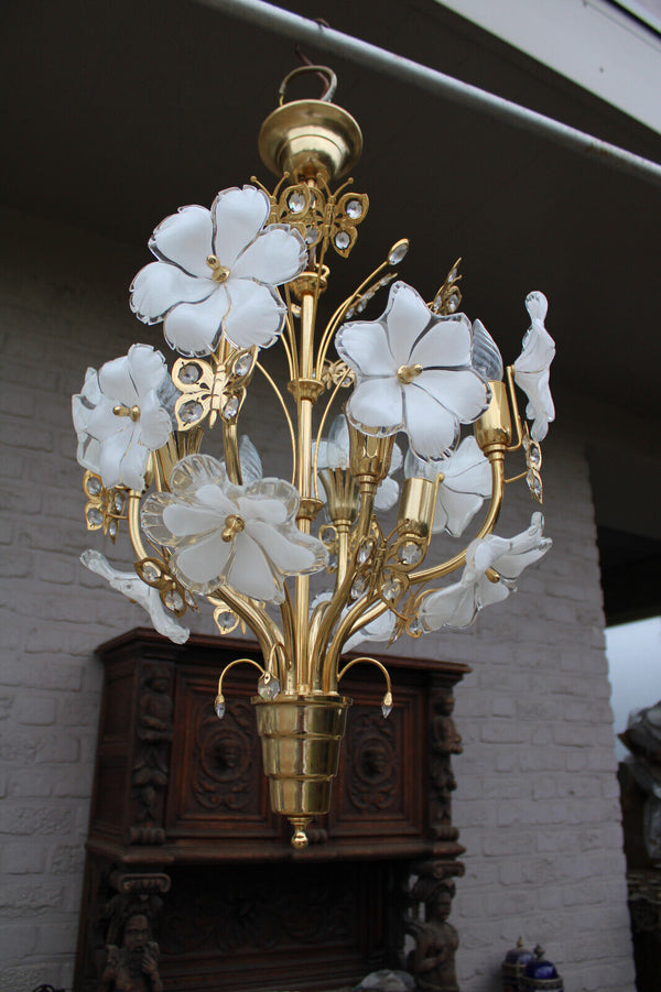 Rare Italian Brass and Murano Glass Flower Butterfly Chandelier