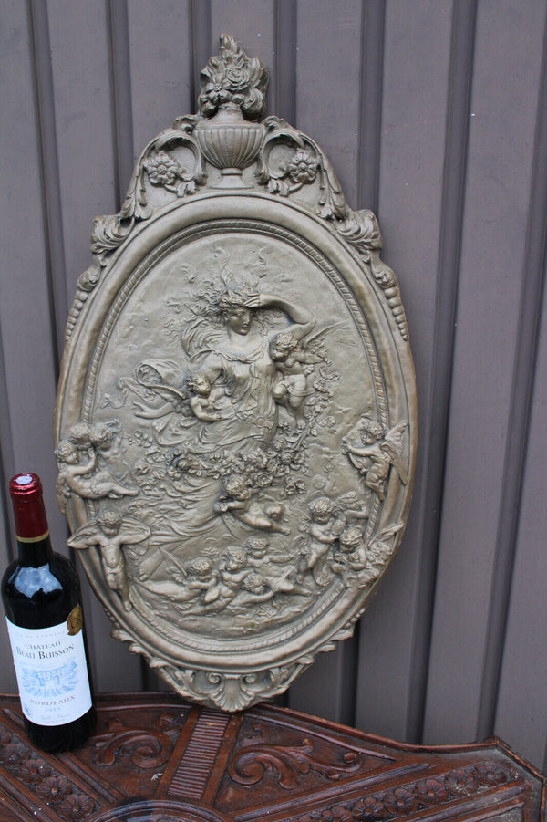 Antique XL Ceramic chalk wall plaque panel cherub angels nymph relief rare