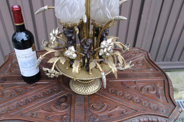 RAre Bronze 1950 french cherub putti floral chandelier flame shades