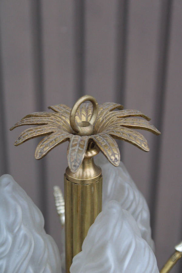 RAre Bronze 1950 french cherub putti floral chandelier flame shades