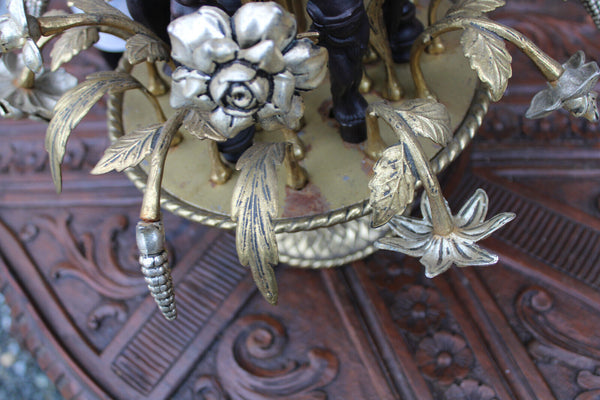 RAre Bronze 1950 french cherub putti floral chandelier flame shades